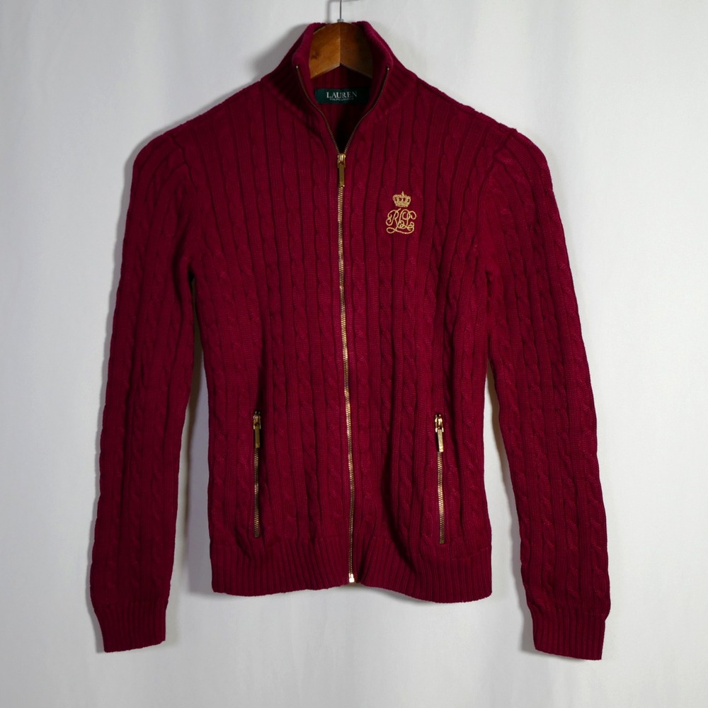 Lauren Ralph Lauren Preppy Cable Knit Zip Up Cardigan Size XS Old Money Tennis